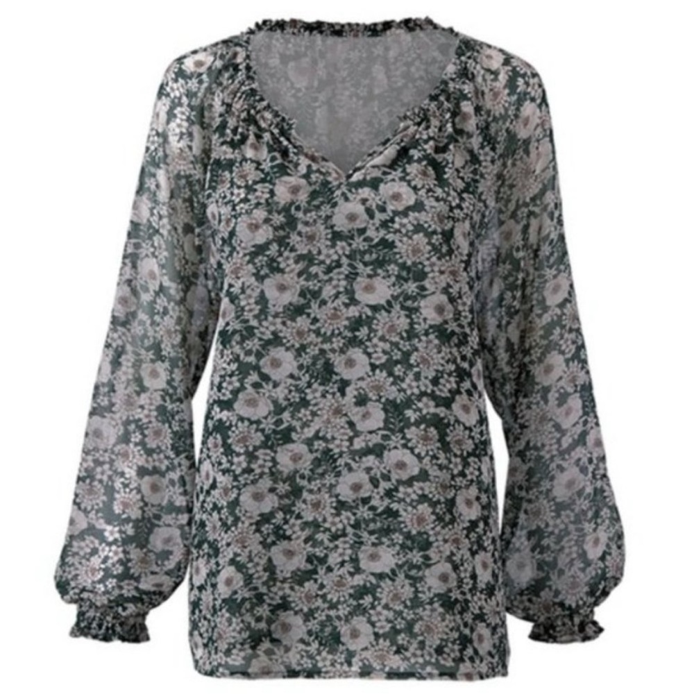 CAbi boho feel Floral long sleeve Blouse in green, in EUC